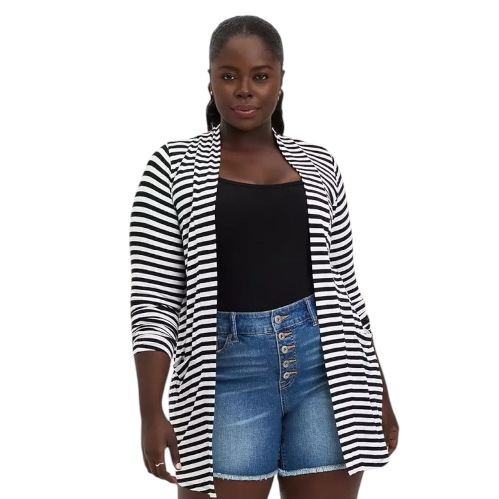Torrid Open Front Cardigan - Super Soft Stripe Black & White - size 0 L 12